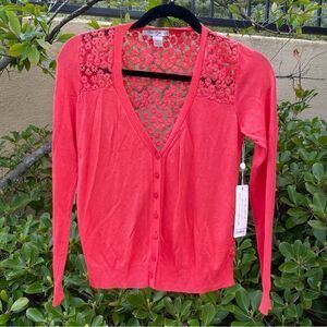 🧥COCO ROJA SWEATER/CARDIGAN Sz S beautiful soft red w/ floral lace. NWT